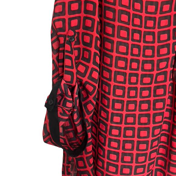 Tacera Women Plus 3XL Sheer Tunic Blouse Red & Black Geometric Print Long Sleeve - Picture 5 of 8